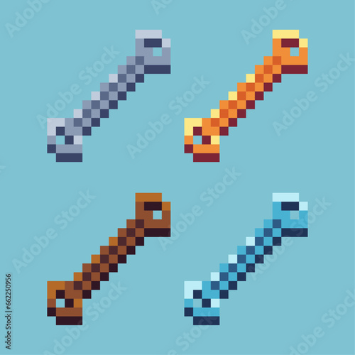 Pixel art sets of wrench with variation color item asset. Simple bits of wrench on pixelated style. 8bits perfect for game asset or design asset element for your game design asset.