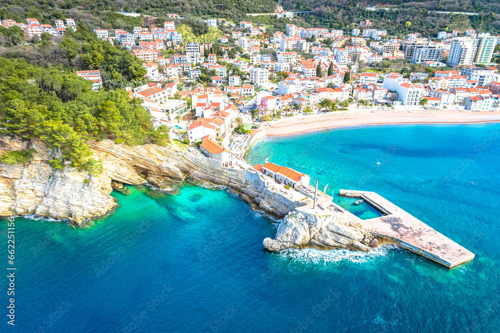Town of Petrovac beach and coastline aerial view