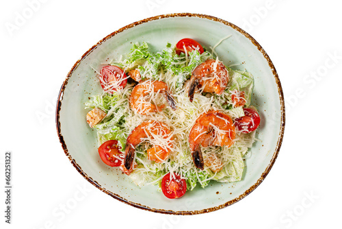 Caesar salad with tiger shrimps with vegetables, isolated dish for menu.