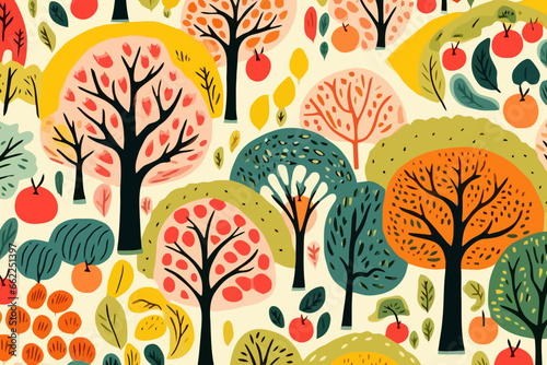 Orchards and fruit tree groves quirky doodle pattern, wallpaper, background, cartoon, vector, whimsical Illustration