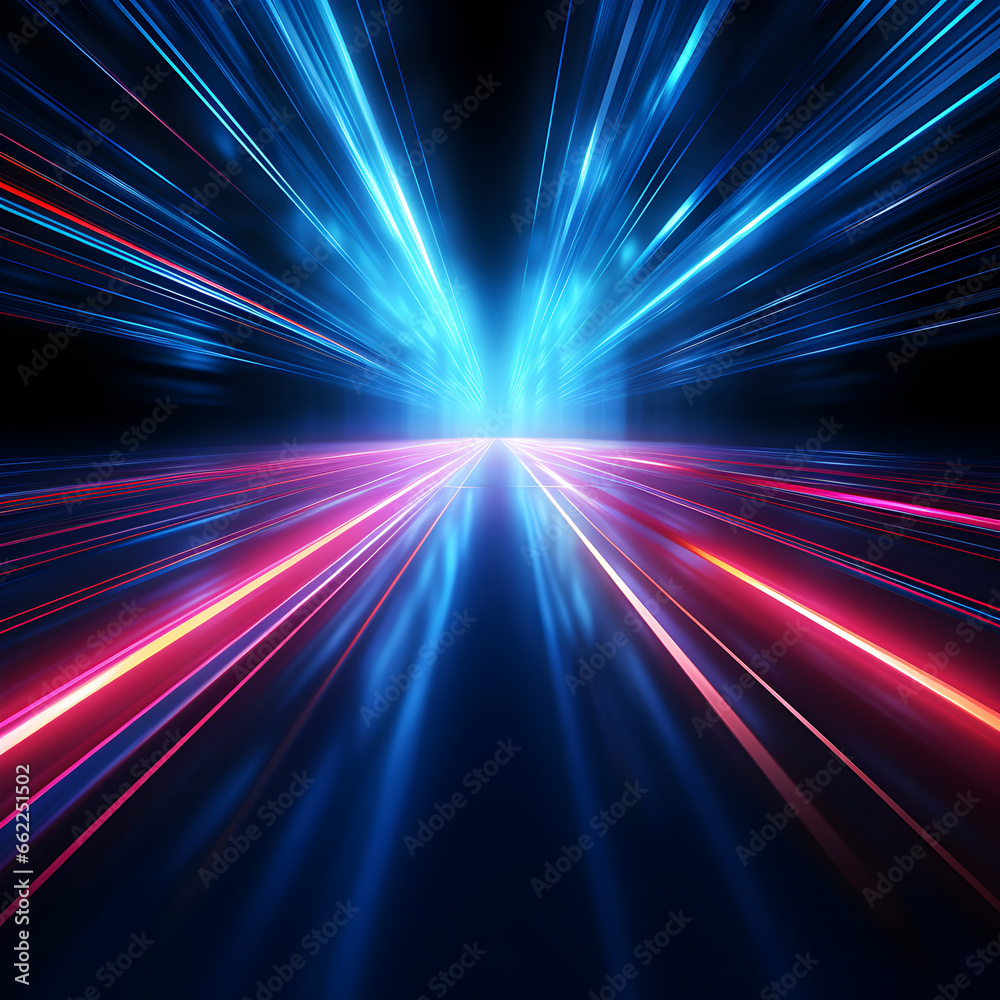 Colorful, playful neon light streams in blue, pink, red and orange on black background - Generativ AI