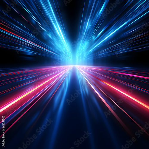 Colorful, playful neon light streams in blue, pink, red and orange on black background - Generativ AI