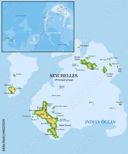Seychelles islands highly detailed physical map
