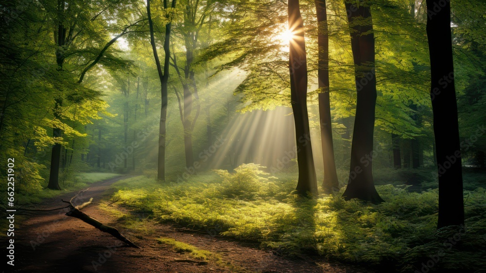 Fototapeta premium Thin sunrays shining in the middle of a deciduous forest in springtime created with Generative AI