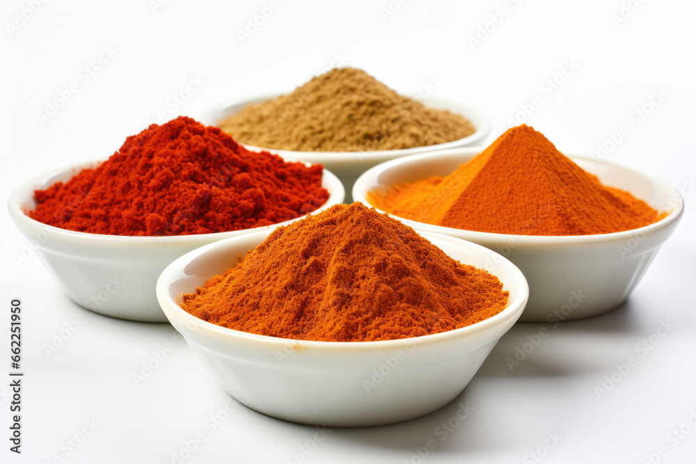 Ground paprika, curry and cinnamon on a white background