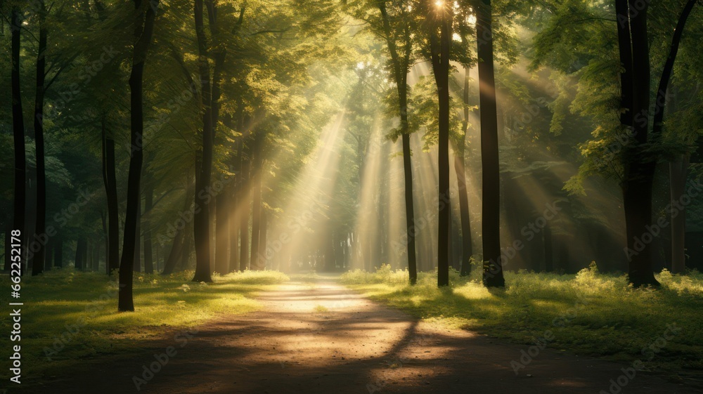 Fototapeta premium Thin sunrays shining in the middle of a deciduous forest in springtime created with Generative AI