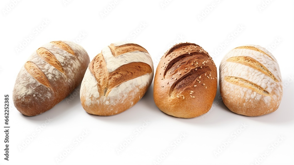  a group of breads sitting on top of a white table.  generative ai