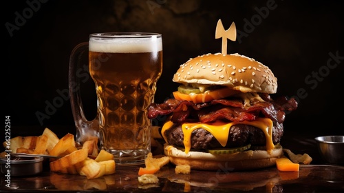  a hamburger with bacon, cheese, lettuce, and a glass of beer. generative ai