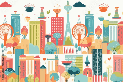 Las Vegas skyline quirky doodle pattern, wallpaper, background, cartoon, vector, whimsical Illustration