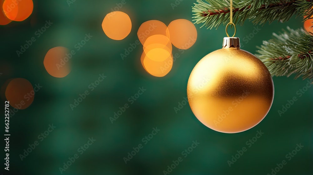 a gold ornament hanging from a christmas tree branch. generative ai a gold ornament hanging from a christmas tree branch. generative ai