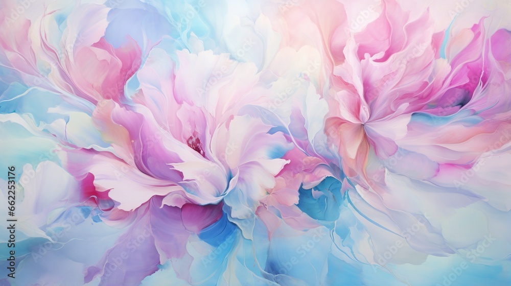  a painting of pink and blue flowers on a white background.  generative ai
