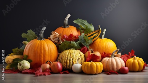  a pile of pumpkins and corn on a table with leaves.  generative ai