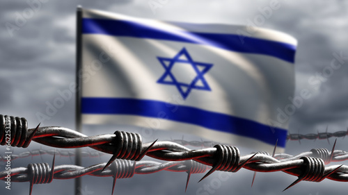 State border of Israel. Thorny hole near flag. Concept of conflict on Israeli border. Spiked wire for security of Israeli state. Israel flag under clouds. Security measures in Israel. 3d image