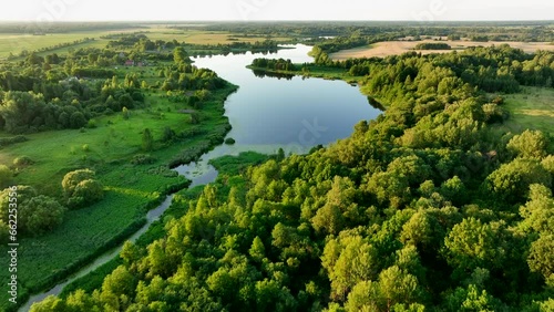 Rural landscape with country houses. Lake in countryside on sunset, aerial view. Green nature at Lake. Drone shot flying over country House in rural. Bird's eye view of agricultural field in rural