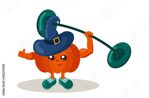 Funny strong kawaii Halloween pumpkin athlete with witch hat, sneakers and barbell. Colorful isolated sport vector emoticon illustration.	