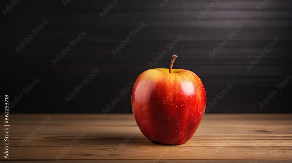 a red apple sitting on top of a wooden table next to a black wall. generative ai a red apple sitting on top of a wooden table next to a black wall. generative ai