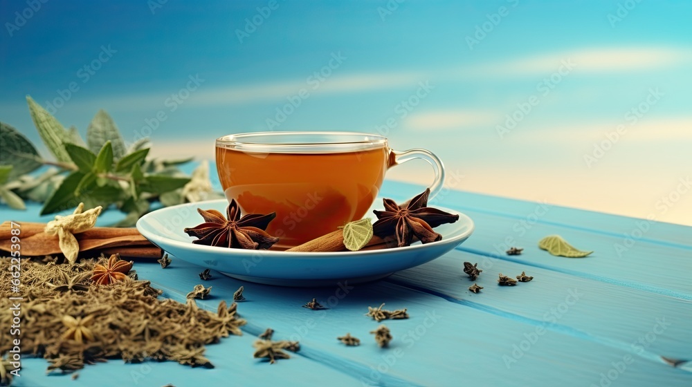  a cup of tea with cinnamon and star anise on a blue table.  generative ai - obrazy, fototapety, plakaty 