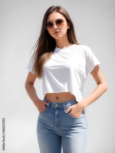 portrait of a woman wearing white tshirt sunglasses stylish mockup photo