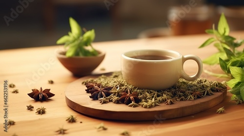  a cup of tea sits on a wooden table with herbs around it.  generative ai