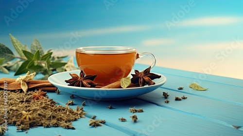  a cup of tea with cinnamon and star anise on a blue table. generative ai