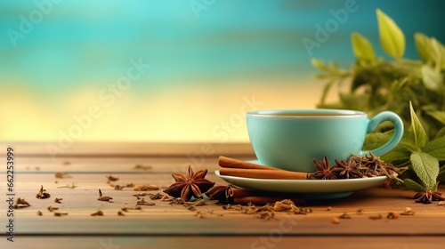  a cup of tea with cinnamons and star anise on a table. generative ai