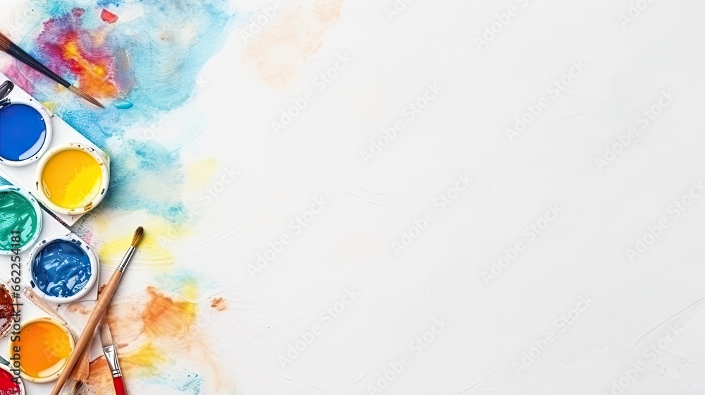 a group of paintbrushes and some paint on a white surface. generative ai a group of paintbrushes and some paint on a white surface. generative ai