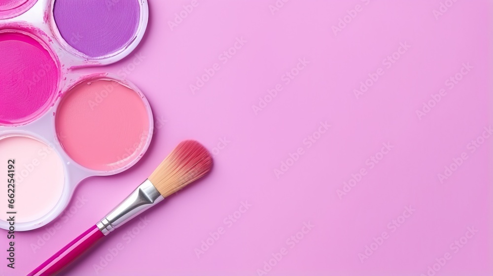 a set of paint and a brush on a pink background. generative ai a set of paint and a brush on a pink background. generative ai