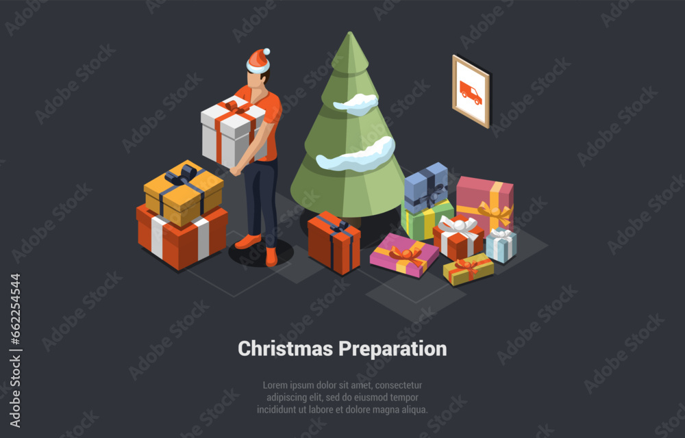 Christmas Christmas Delivery Service And Preparation Concept. Xmas Celebration, Magic Atmosphere, Man In Santa Hat With Gift box In Hands Near Christmas Tree. Isometric 3d Cartoon Vector Illustration