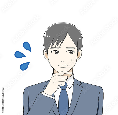 困惑するスーツの男性　よそ見　汗