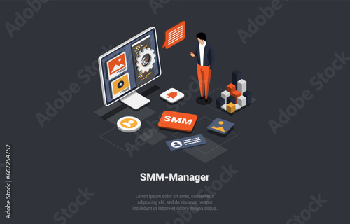 Social Media Marketing Online Promotion. Professional SMM Manager Man Develop Successful Strategy, Marketing Funnel, Lead Generation, Research, Strategy Planning . Isometric 3D Vector Illustration © Intpro