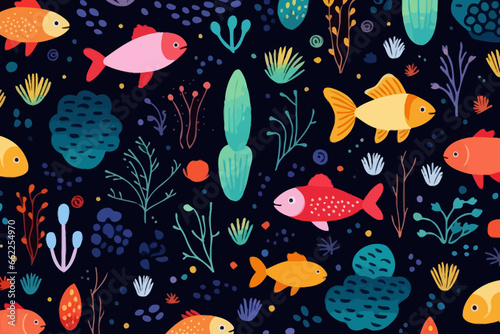 Fishing ponds and streams quirky doodle pattern, wallpaper, background, cartoon, vector, whimsical Illustration