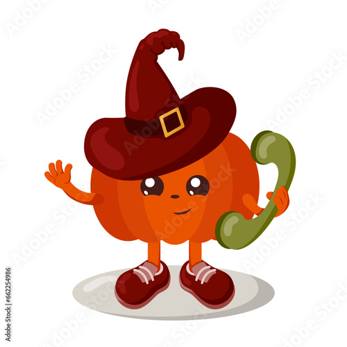 Funny cute kawaii Halloween pumpkin with witch hat  holding a phone. Isolated vector illustration in flat design with shadows
