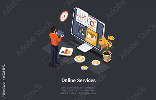 Find Best Offer With Online Service. Customer Search Products And Services Online. Chart And Diagram Statistics Data, Internet Idea For Website, Mobile, Presentation. Isometric 3D Vector Illustration