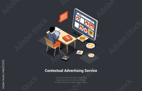 Contextual Targeting, Ppc Online Advertising. Marketing Context Campaign, Online Service or Platform. Man Is Working On Laptop With Ads, Icons, Analytics, Strategy. Isometric 3d Vector Illustration