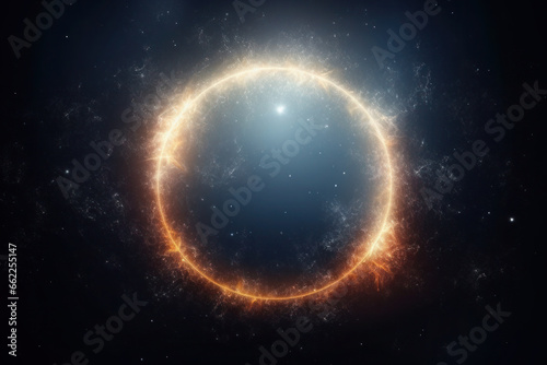 abstract fire circle in the clouds, on a dark background. geometric figure glows at night in the black sky.