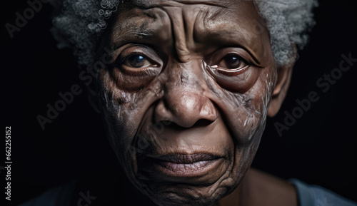 Body aging is marked with wrinkles and dark spots. Portrait of grandmother