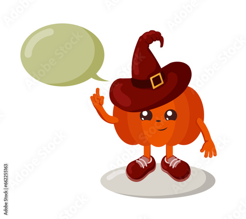 Funny cute kawaii Halloween pumpkin with witch hat, sneakers and speech bubble holds index finger up. Isolated colorful vector emoticon illustration.	
