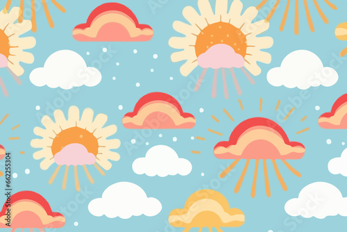 Sun rays shining through clouds quirky doodle pattern, wallpaper, background, cartoon, vector, whimsical Illustration