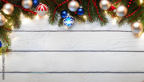 Christmas background: red and blue white balls, led lights and fir sprigs on a background of white wooden boards