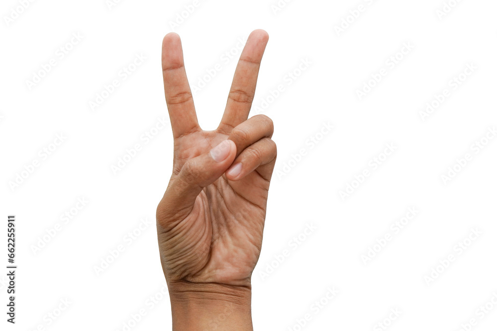 Man hand make symbol on isolated white background. 2 finger lift up - obrazy, fototapety, plakaty 