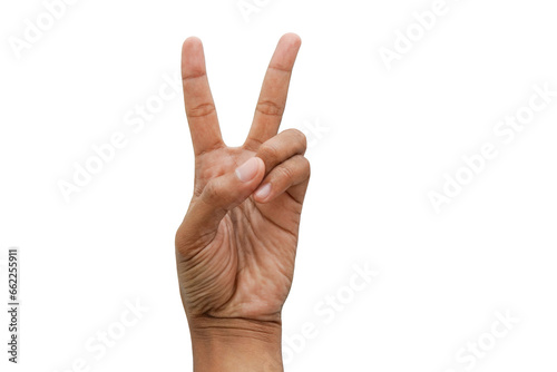 Man hand make symbol on isolated white background. 2 finger lift up photo