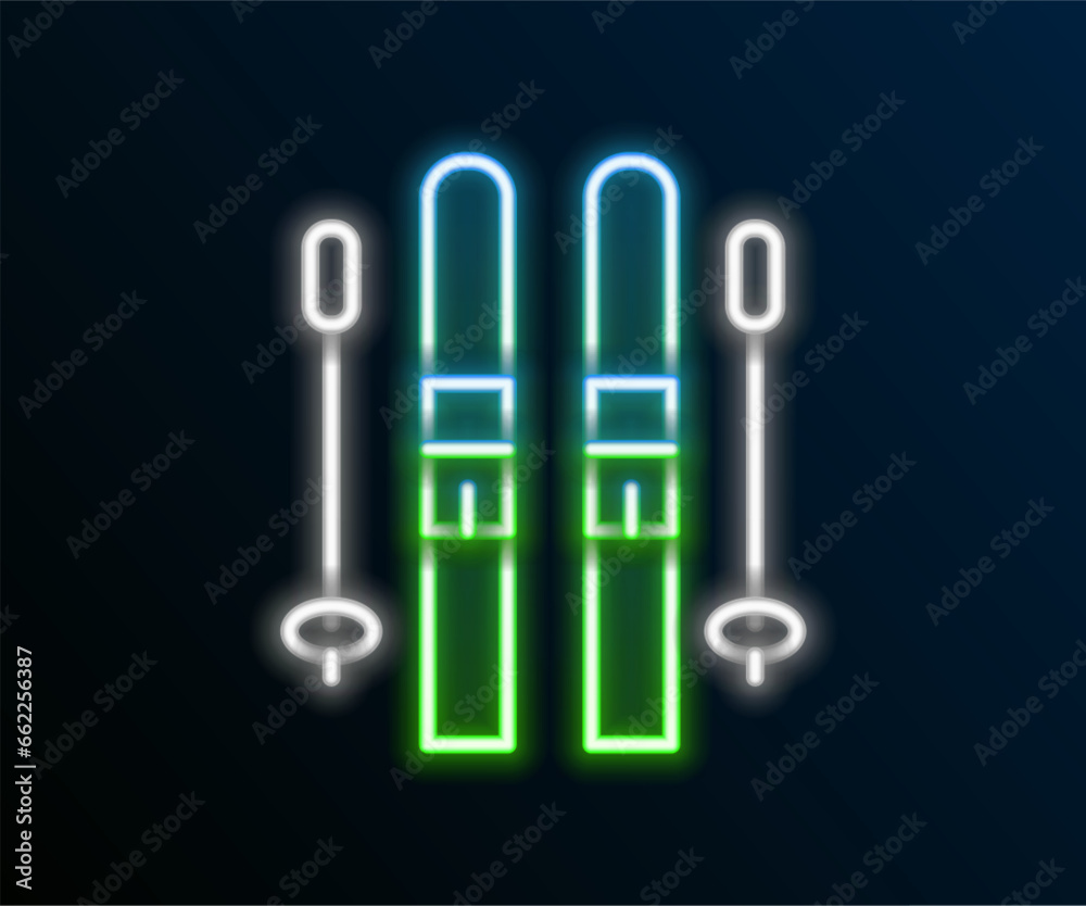 Glowing neon line Ski and sticks icon isolated on black background. Extreme sport. Skiing equipment. Winter sports icon. Colorful outline concept. Vector Glowing neon line Ski and sticks icon isolated on black background. Extreme sport. Skiing equipment. Winter sports icon. Colorful outline concept. Vector