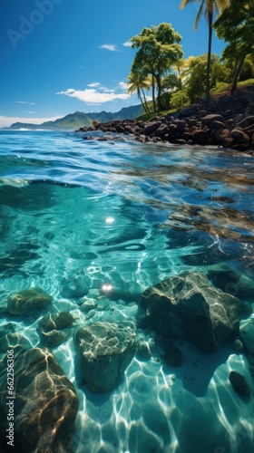 Crystal clear inspiration, clear clear sea, underwater-terrestrial world. Rocky shore. A heavenly place.