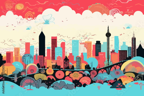 Atlanta skyline quirky doodle pattern, wallpaper, background, cartoon, vector, whimsical Illustration
