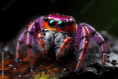 A single Purple-Gold Jumping Spider perched gracefully on a textured surface, magnified in macro photography, displaying its regal colors. © Boris