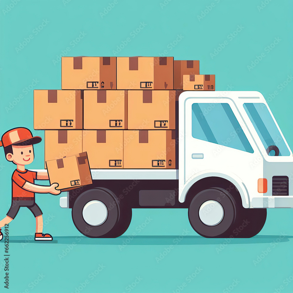A courier is pushing a truck that transports lots of boxes to deliver customers.. A courier is pushing a truck that transports lots of boxes to deliver customers..