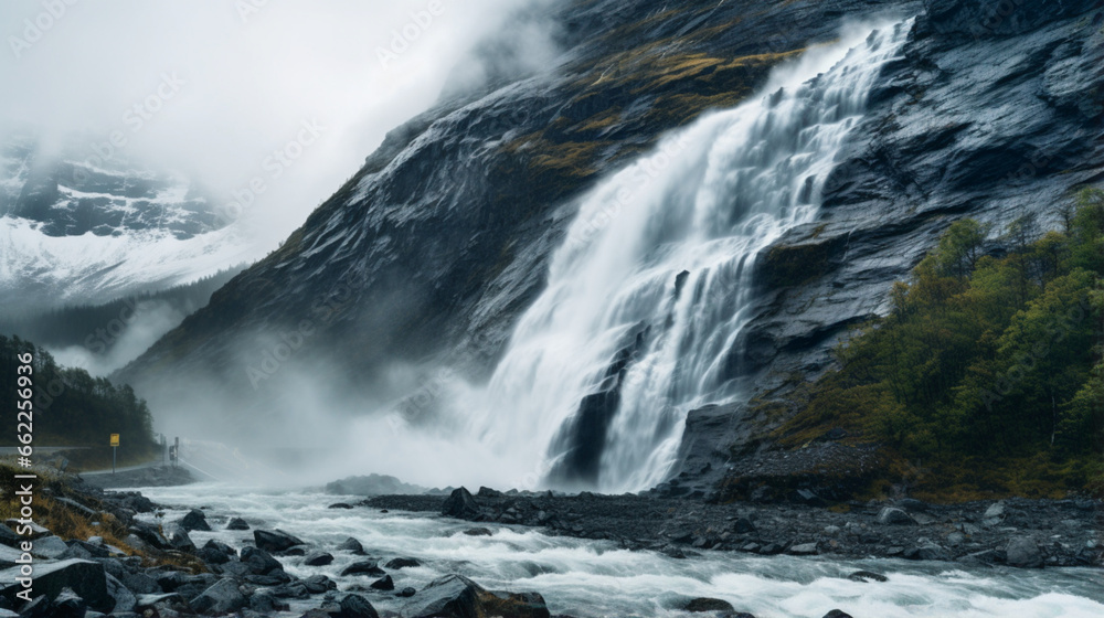 A waterfall on the dark rocks