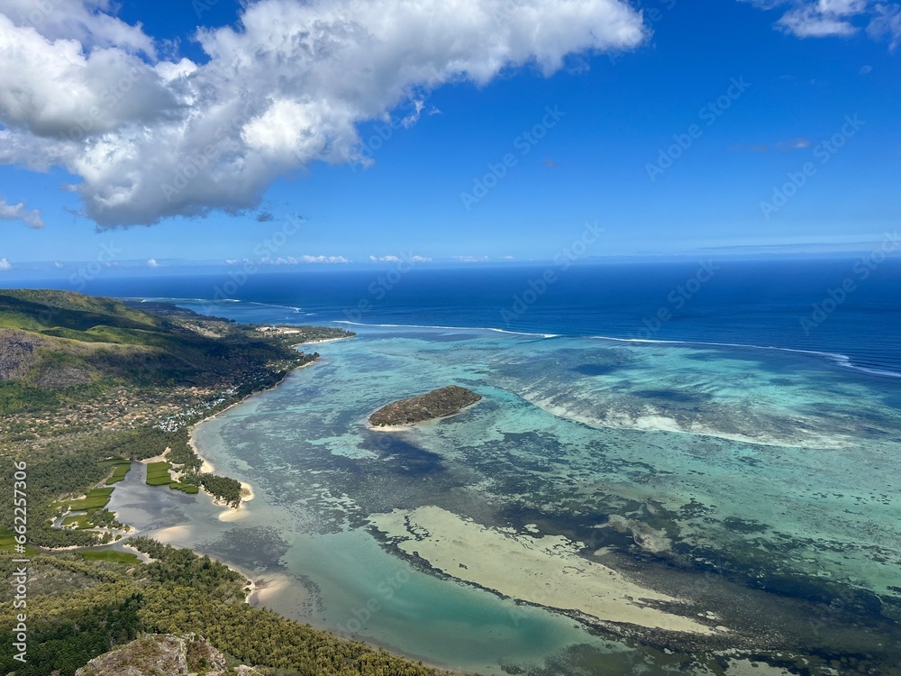 Ilôt Fourneau and its blue lagoon seen from le Morne Brabant in Mauritius