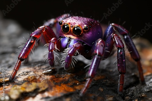 A close-up view of a Purple-Gold Jumping Spider's remarkable iridescent body and distinctive markings in exquisite macro photography. © Boris