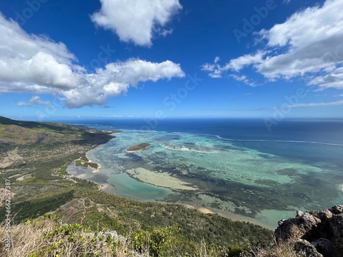 Ilôt Fourneau and its blue lagoon seen from le Morne Brabant in Mauritius